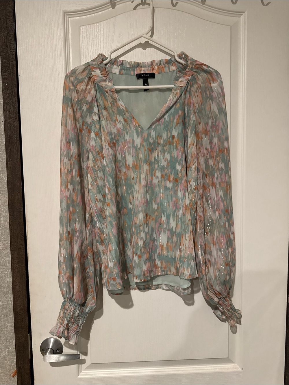 Pastel Abstract Print Long Sleeve Shimmer Blouse